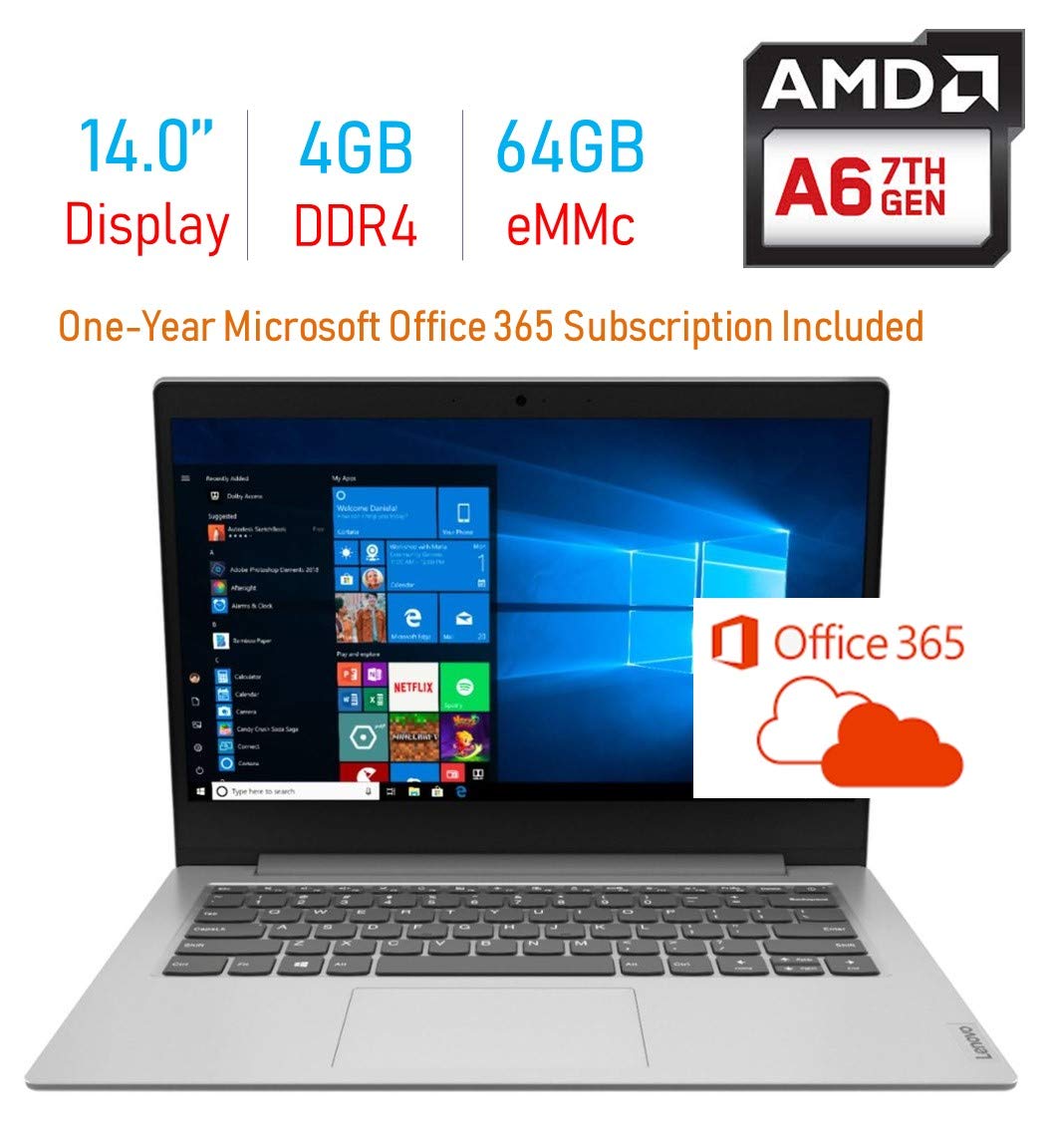 Lenovo IdeaPad 14.0-inch Laptop PC, 7th Gen AMD A6-9220e up to 2.4GHz, 4GB RAM, 64GB Flash Storage, HDMI, WiFi, Bluetooth, AMD Radeon R4, One-Year Office 365 Included, Up to 8Hrs Battery, Windows 10