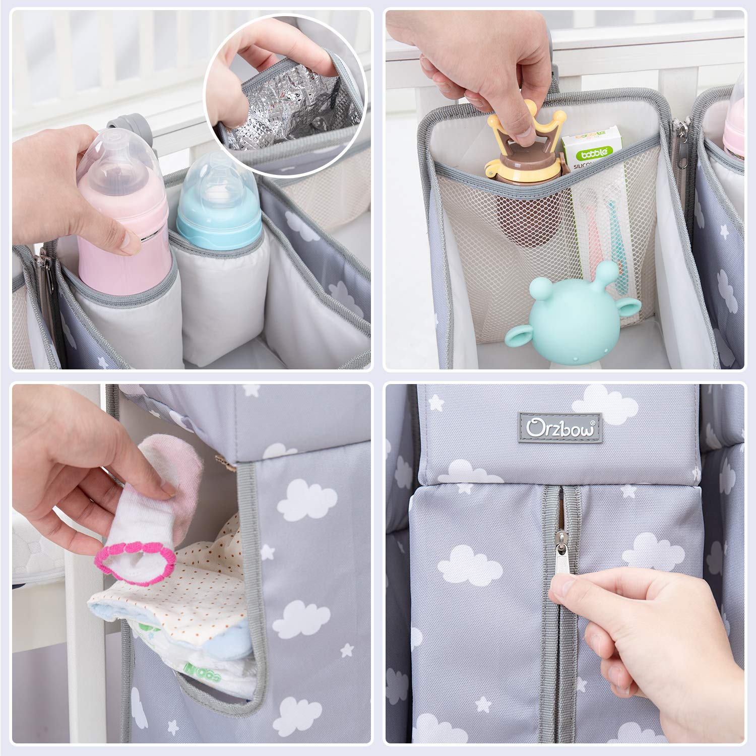 Orzbow 3-in-1 Hanging Diaper Organization Storage for Baby Essentials | Nursery Organizer and Baby Diaper Caddy | Hang on Crib, Changing Table or Wall, Gray