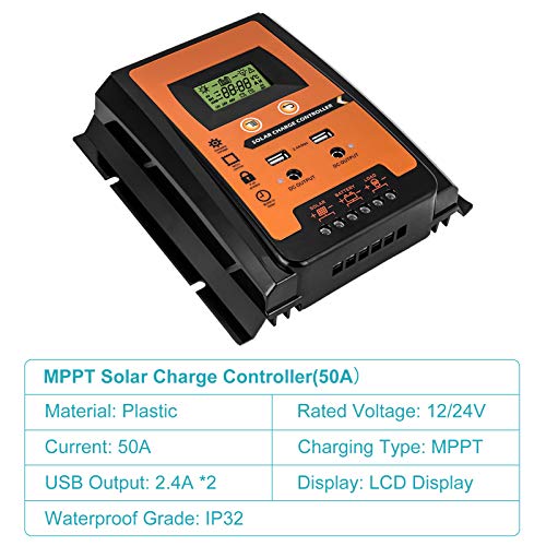 MPPT Solar Charge Controller, 12V/24V 30A/50A/70A Solar Panel Battery Regulator Charge Controller Dual USB LCD Display Solar Power Battery Controller