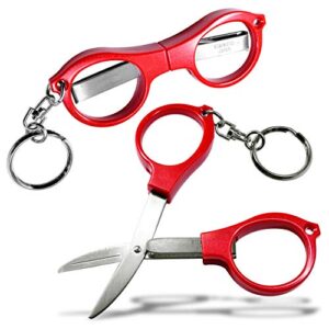 seki japan folding safety scissors, stainless steel blade glasses shear, red plastic handle with key chain, for fabric, embroidery, arts crafts