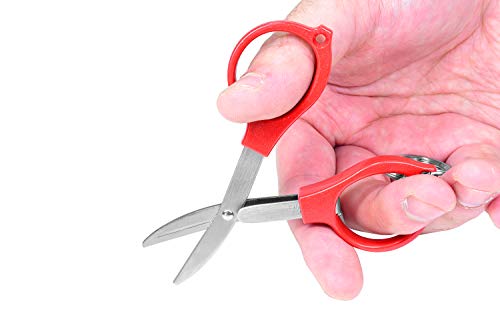 Seki Japan Folding Safety Scissors, Stainless Steel Blade Glasses Shear, Red Plastic Handle with Key Chain, for Fabric, Embroidery, Arts Crafts