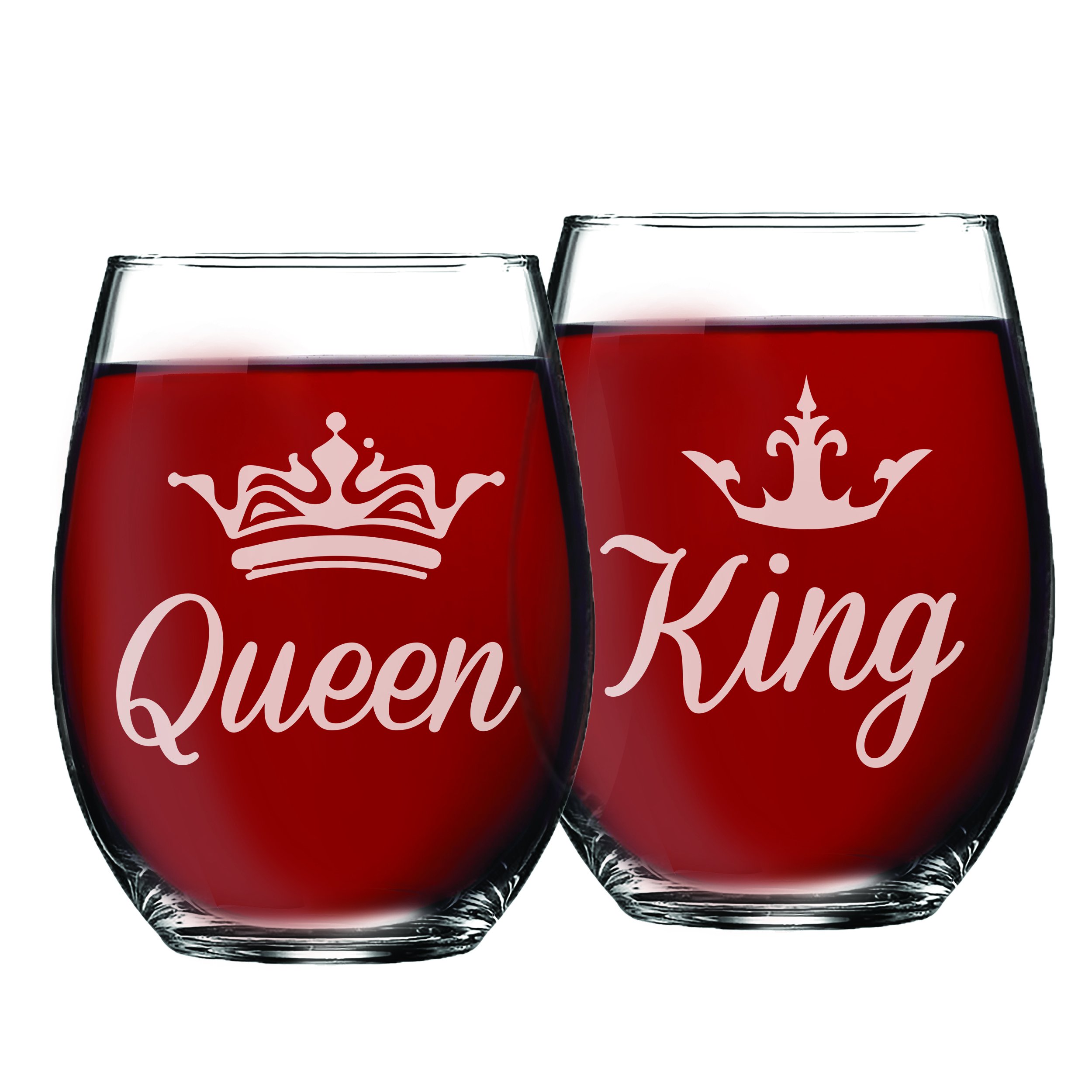 My Personal Memories King and Queen Stemless Wine Glasses Set for Wedding, Anniversary, and Couples