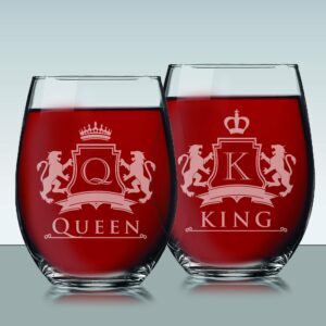 My Personal Memories King and Queen Stemless Wine Glasses Set for Wedding, Anniversary, and Couples