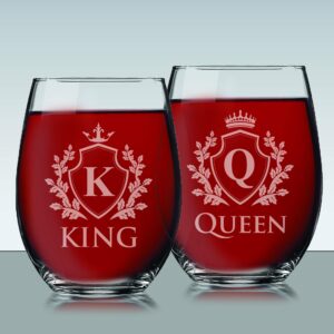 My Personal Memories King and Queen Stemless Wine Glasses Set for Wedding, Anniversary, and Couples