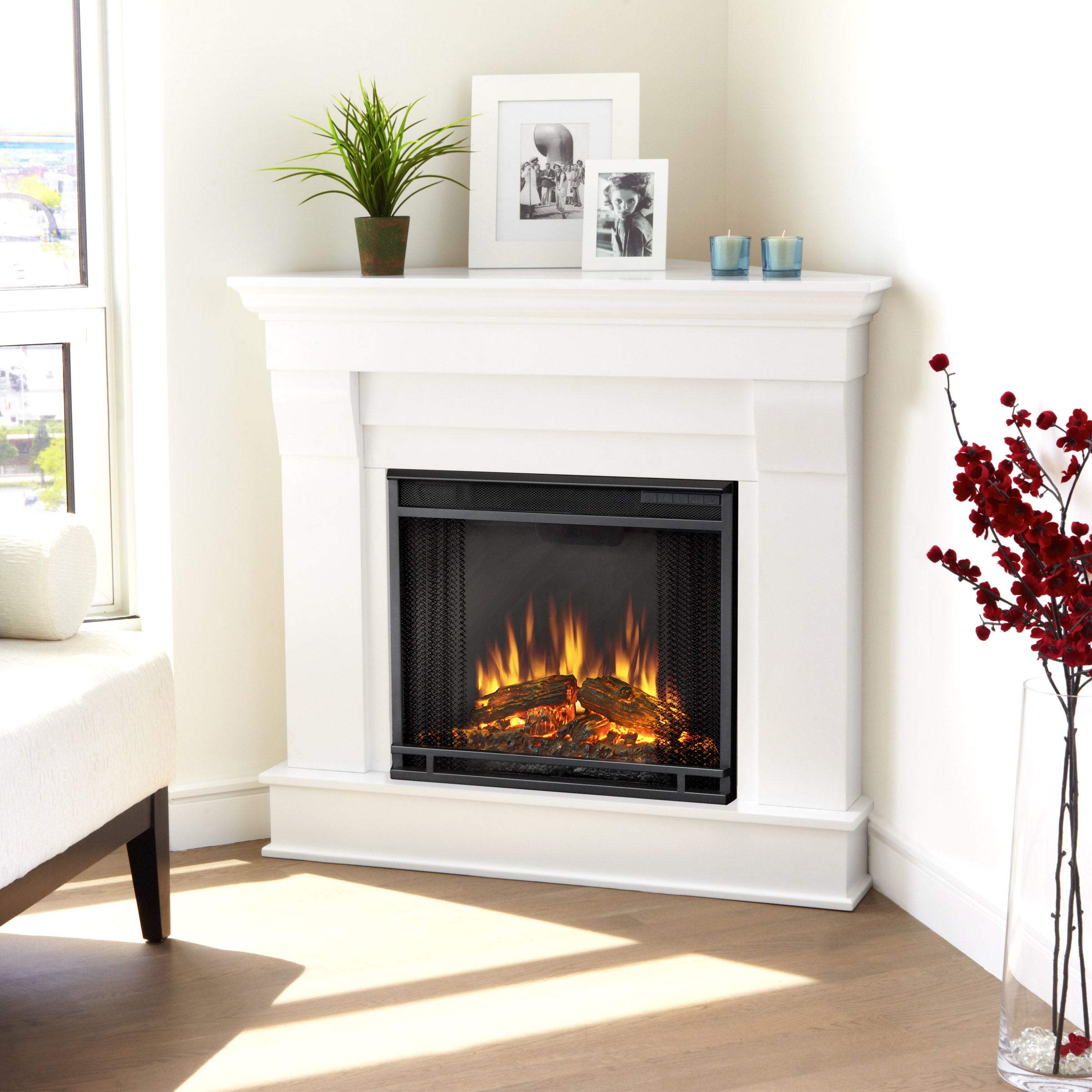 White Electric Corner Fireplace by - 40.94l X25.28w X 37.6h Modern Contemporary Glass Adjustable Thermostat Programmable