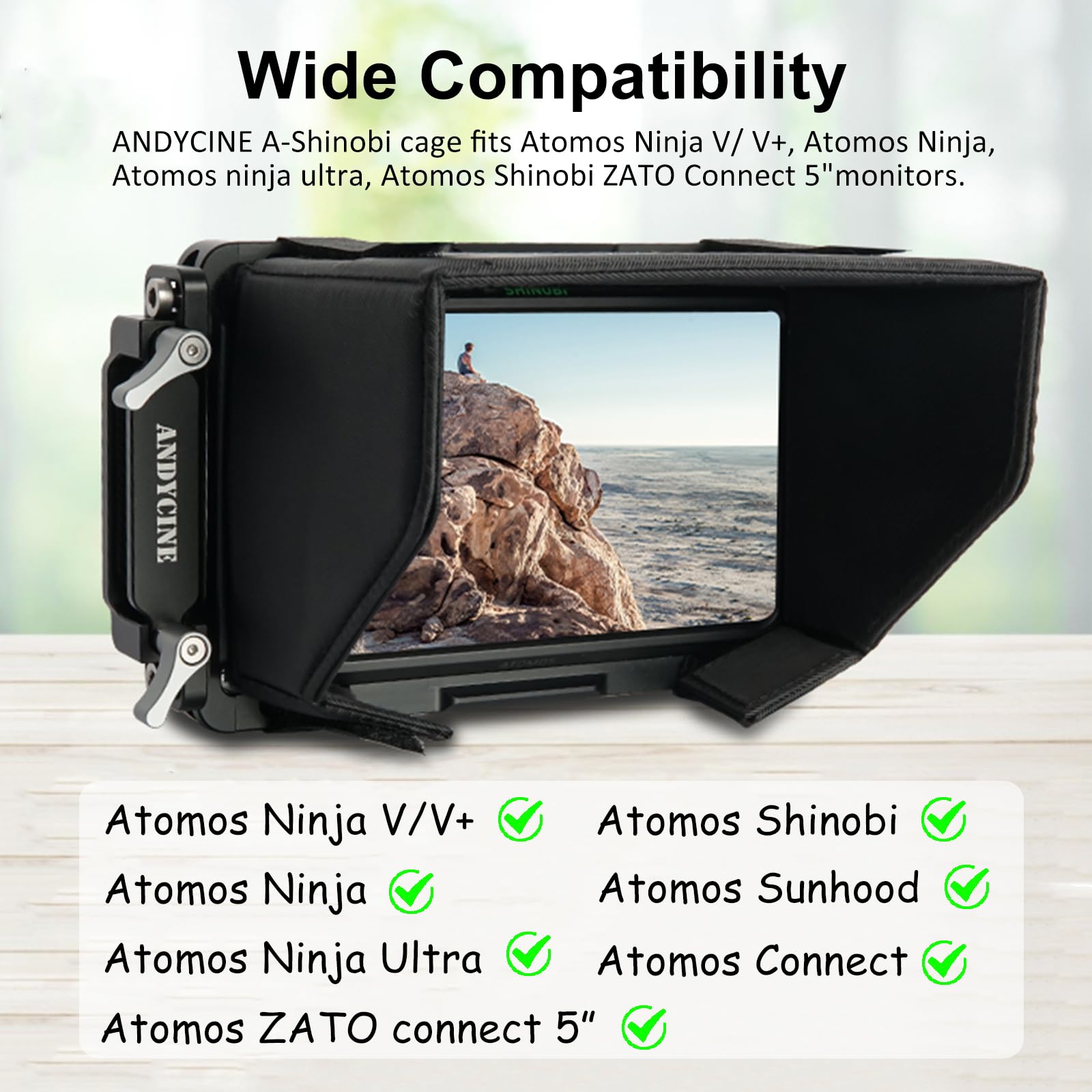 ANDYCINE Ninja V Plus Monitor Cage with Sunhood Compatible for Atomos Ninja V/Ninja V+,Atomos Shinobi, Atomos ZATO Connect Built-in NATO Rails and HDMI Cable Clamp