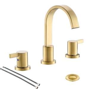 phiestina 8 inch 3 hole 2 handle waterfall widespread brushed gold bathroom sink faucet with metal pop-up drain, wf040-1-bg