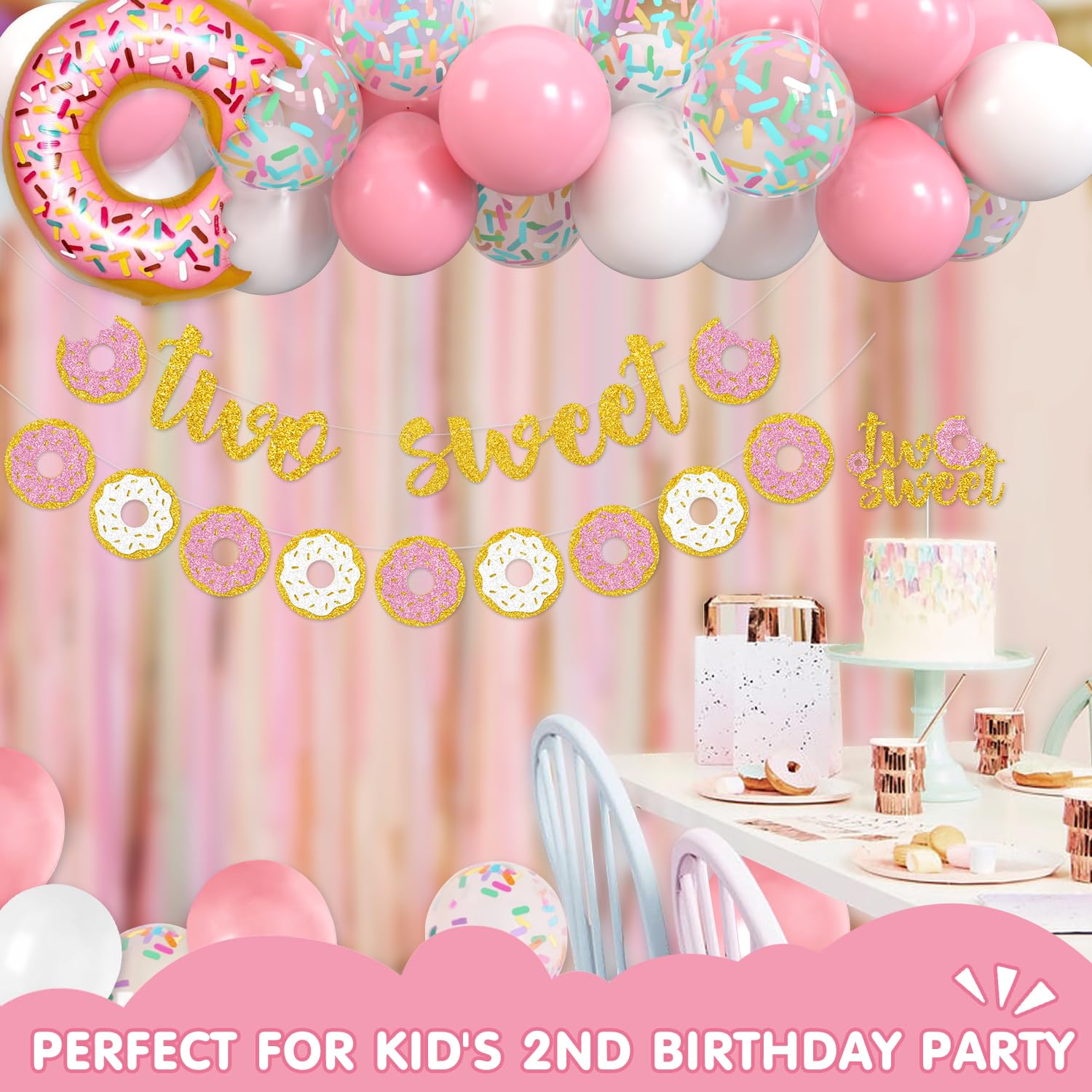 Levfla Two Sweet Donut Party Decoration Baby Second Birthday Glitter Doughnut Banner Cake Topper Sprinkles Balloons Kids Party Favor Ideas Supplies