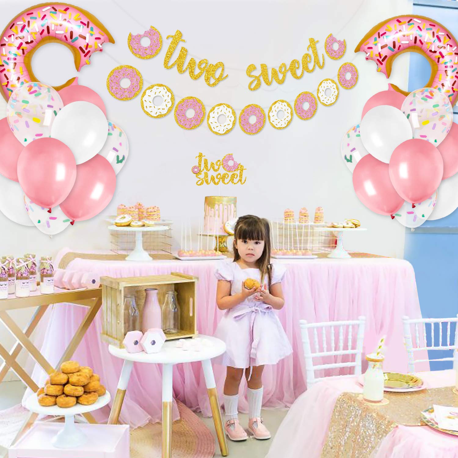 Levfla Two Sweet Donut Party Decoration Baby Second Birthday Glitter Doughnut Banner Cake Topper Sprinkles Balloons Kids Party Favor Ideas Supplies