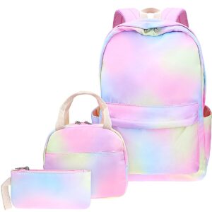 junlion rainbow backpack set 3-in-1 kids school bag, laptop backpack lunch bag pencil case gift for teen girls womens