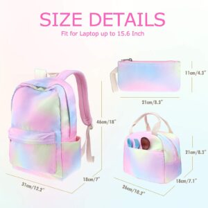 Junlion Rainbow Backpack Set 3-in-1 Kids School Bag, Laptop Backpack Lunch Bag Pencil Case Gift for Teen Girls Womens