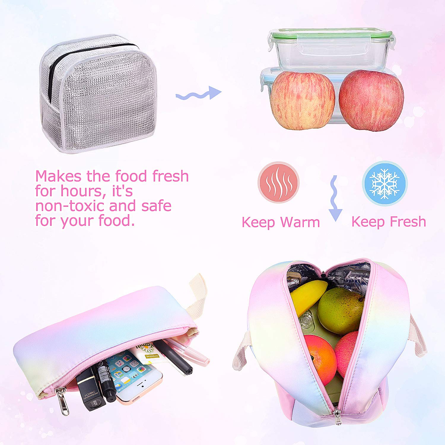 Junlion Rainbow Backpack Set 3-in-1 Kids School Bag, Laptop Backpack Lunch Bag Pencil Case Gift for Teen Girls Womens