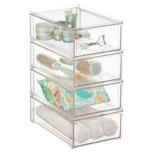 mdesign plastic stackable bathroom storage organizer bin with pull out drawer for cabinet, vanity, shelf, cupboard, cabinet, or closet organization - lumiere collection - 4 pack - clear