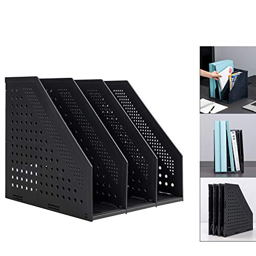 Leven Collapsible Magazine File Holder/Desk Organizer for Office Organization and Storage with 3 Vertical Compartments, Dark Grey,