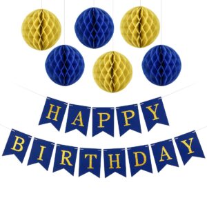 blue and yellow birthday decor- navy blue happy birthday banner honeycomb balls for birthday party 1st birthday party decorations,happy birthday sign,blue birthday banner