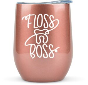 klubi dental assistant gifts- floss boss 12oz wine tumbler or coffee mug - funny idea for dentists, women, dental hygiene, glass, men, hygienist