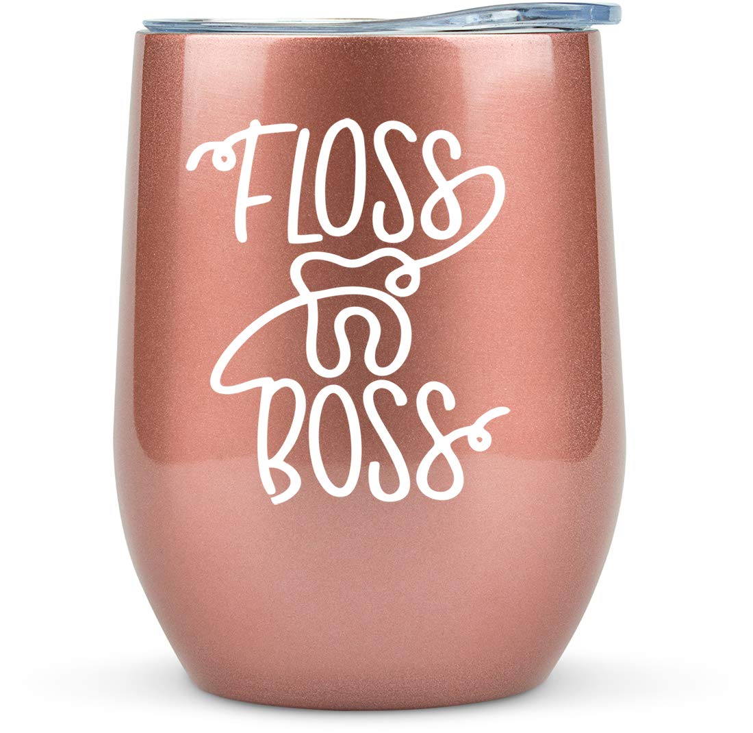 KLUBI Dental Assistant Gifts- Floss Boss 12oz Wine Tumbler or Coffee Mug - Funny Idea for Dentists, Women, Dental Hygiene, Glass, Men, Hygienist