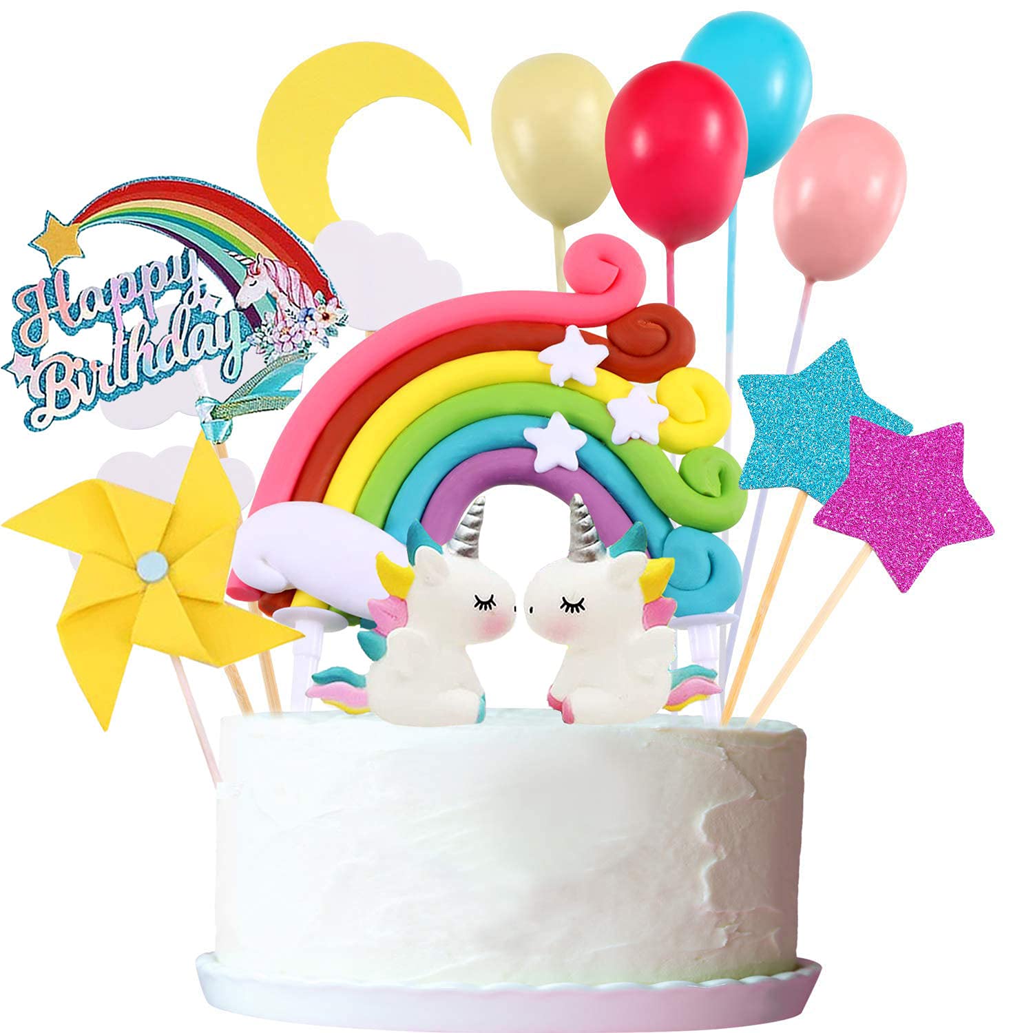 22pcs Unicorn Cake Topper Kit Cloud Rainbow Balloon Happy Birthday Banner Cake Decoration For Boy Girl Kid Birthday