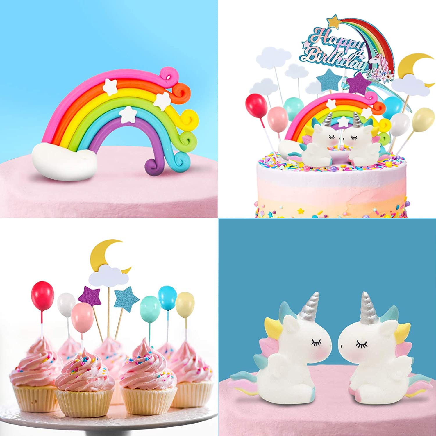 22pcs Unicorn Cake Topper Kit Cloud Rainbow Balloon Happy Birthday Banner Cake Decoration For Boy Girl Kid Birthday