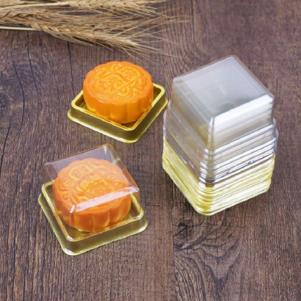 XIYUAN 50PACK Square Moon Cake Trays Mooncake Packaging Box Container Holder with Covers Plastic Transparent Baking Dessert Cake Boxes,Black