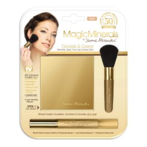 Jerome Alexander MagicMinerals Pressed Mineral Powder Set with Mirror Compact, Extending Lash Mascara, Professional Stubby Brush & Blending Sponge (Medium)