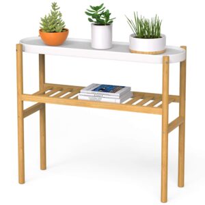 wisuce bamboo shelf indoor, 2 tier window tall stand table for multiple plants