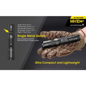 Nitecore MH10 v2 Rechargeable Flashlight, 1200 Lumen LED USB-C Fast Charging Side Switch Compact for EDC Pocket Carry with LumenTac Organizer