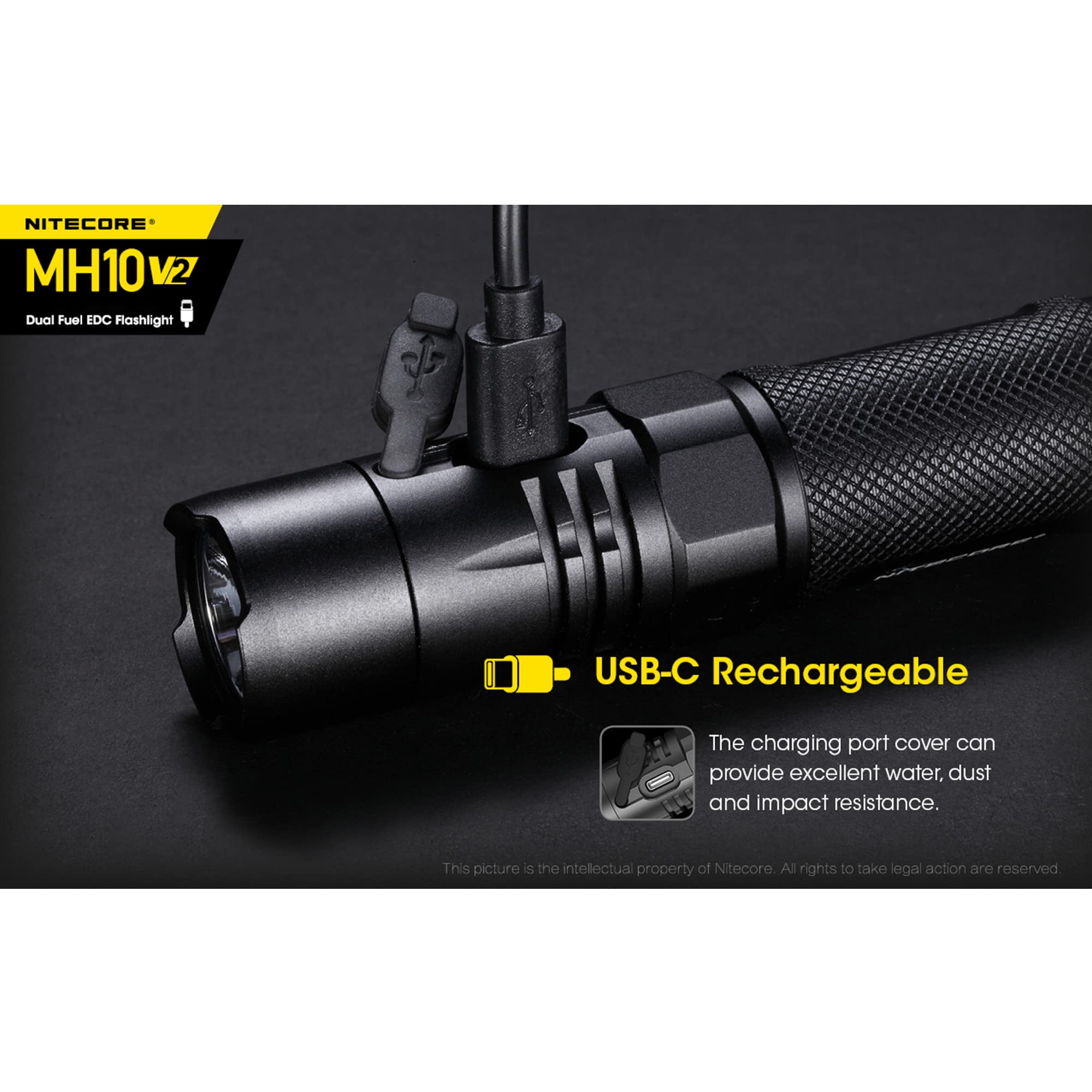 Nitecore MH10 v2 Rechargeable Flashlight, 1200 Lumen LED USB-C Fast Charging Side Switch Compact for EDC Pocket Carry with LumenTac Organizer