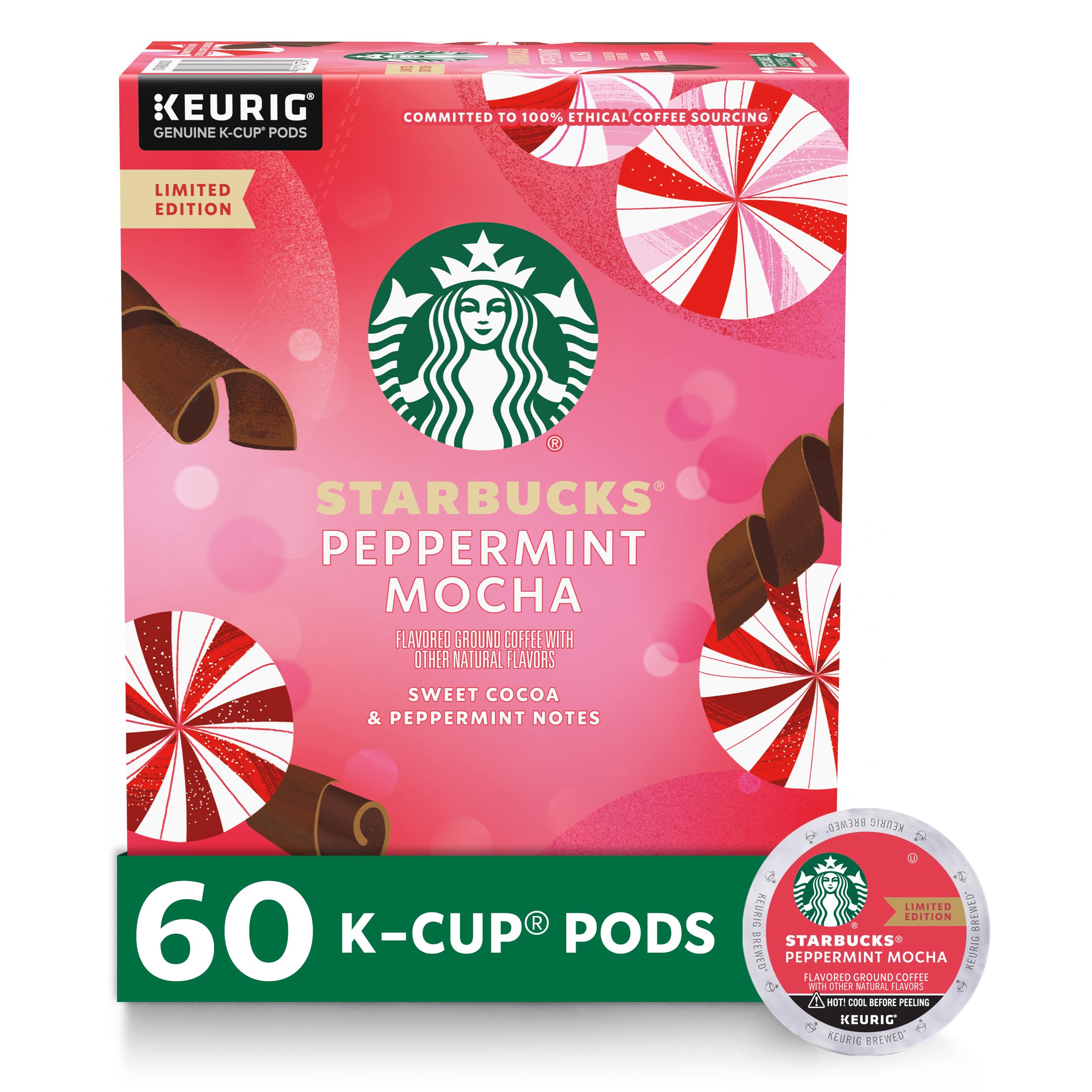 Starbucks K-Cup Coffee Pods, Peppermint Mocha Naturally Flavored Coffee for Keurig Brewers, 100% Arabica, Limited Edition Holiday Coffee, 6 Boxes (60 Pods Total)