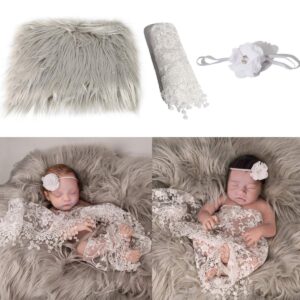 3pcs baby newborn photo props fluffy blanket + wrap + headband set comfortable newborn photography wrap mat backdrops rug for boys girls (white)