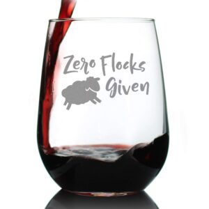 Zero Flocks Given Sheep - Funny Stemless Wine Glass - Cute Farm Animal Gifts for Women - Fun Lamb Decor - Large