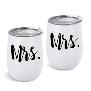 gingprous 2 pack mrs and mrs wine tumbler set, lesbian couple idea for girlfriend, engagement wedding anniversary lgbt idea 12 oz insulated stainless steel wine tumbler with lid, white
