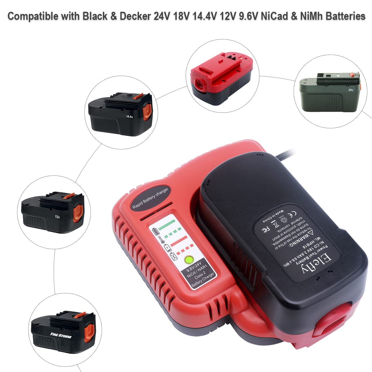 Elefly BDFC240 Battery Charger Compatible with Black and Decker 18V 14.4V 12V 9.6V 24V NiCD NiMH Battery HPB18 HPB18-OPE HPB14 HPB12 HPB96 HPB24, Replacement for Black and Decker 18V Charger