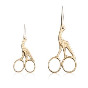 embroidery scissors, stork scissors for sewing, craft, art work & everyday use, stainless steel, 2pcs, 4.6 inch and 3.7 inch, gold