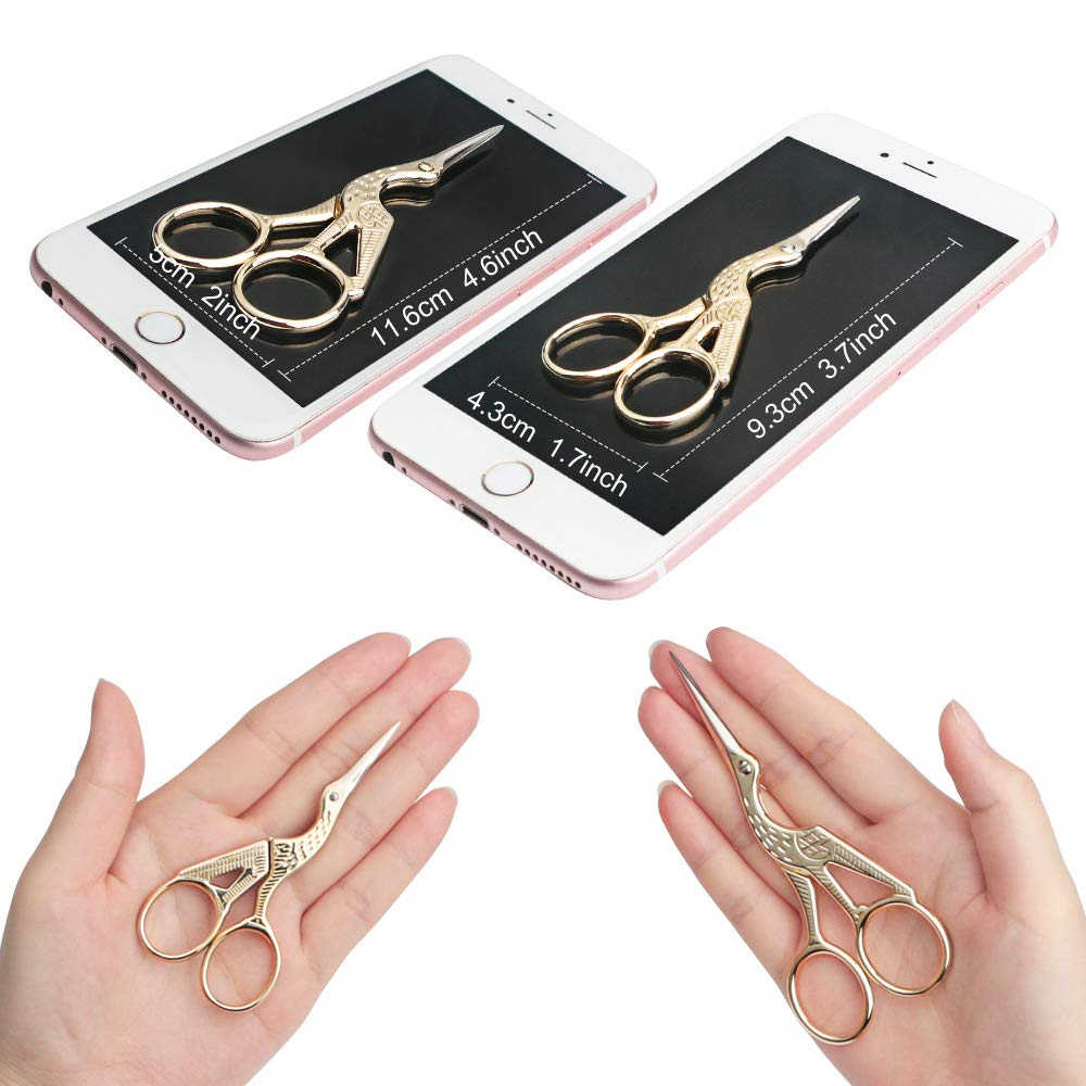 Embroidery Scissors, Stork Scissors for Sewing, Craft, Art Work & Everyday Use, Stainless Steel, 2Pcs, 4.6 inch and 3.7 inch, Gold