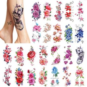 phogary 24 pieces women temporary tattoos (large flowers), bright colored fake tattoo stickers (water transfer), waterproof body art sticker for girls arms legs shoulder back