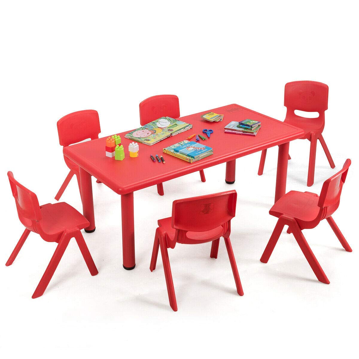 Costzon Kids Table and Chair Set, 6 Pcs Stackable Chairs, 47 x 23.5 Inch Rectangular Plastic Activity Table Set for Children Reading Drawing Playing Snack Time, Toddler School Furniture (Red)