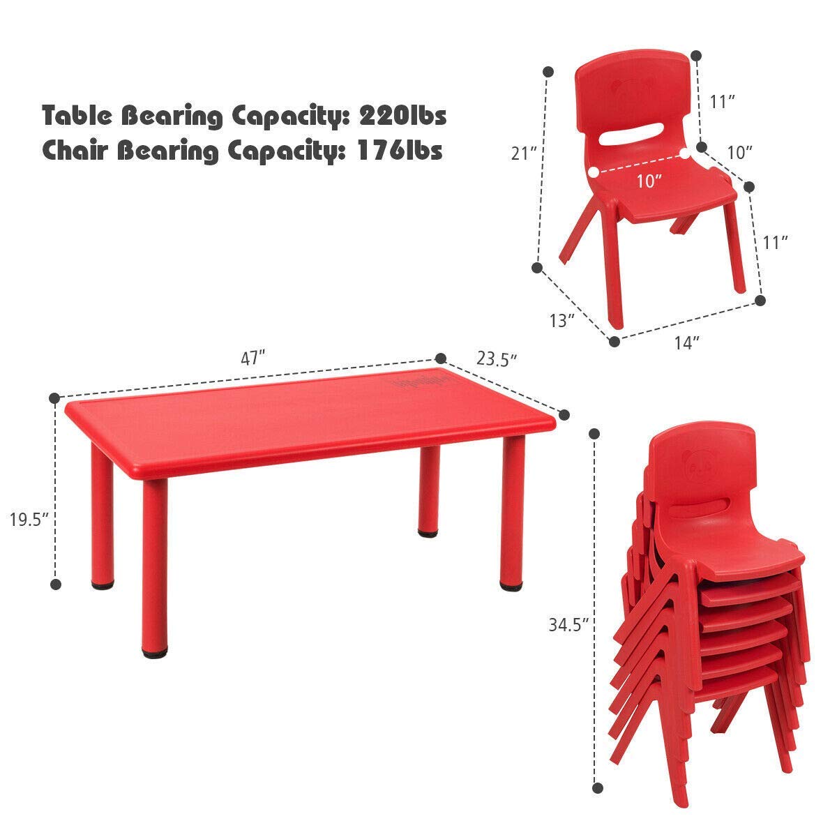 Costzon Kids Table and Chair Set, 6 Pcs Stackable Chairs, 47 x 23.5 Inch Rectangular Plastic Activity Table Set for Children Reading Drawing Playing Snack Time, Toddler School Furniture (Red)