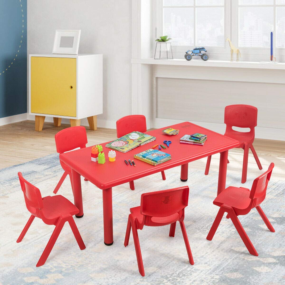 Costzon Kids Table and Chair Set, 6 Pcs Stackable Chairs, 47 x 23.5 Inch Rectangular Plastic Activity Table Set for Children Reading Drawing Playing Snack Time, Toddler School Furniture (Red)