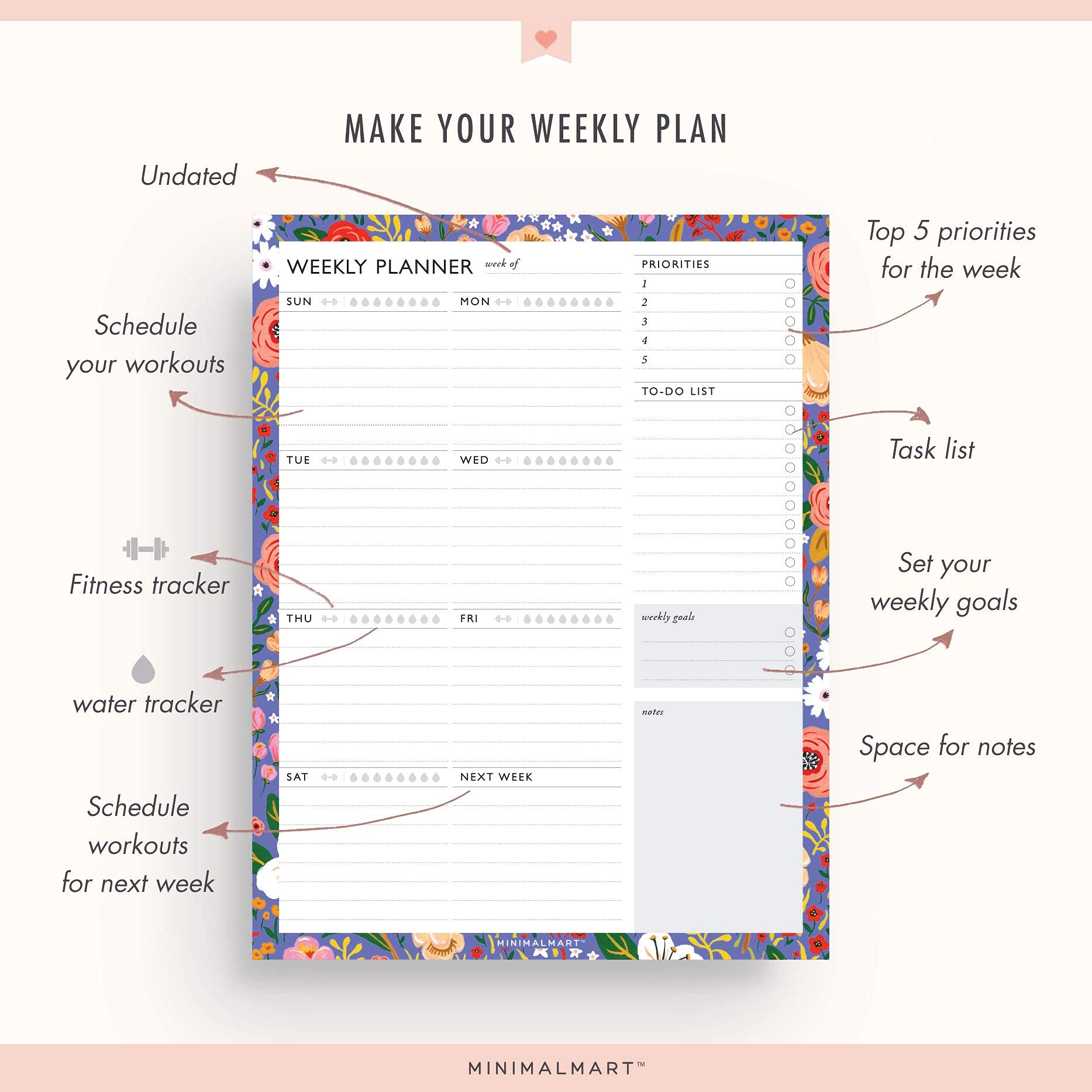 Minimalmart Weekly Planner with 52 Undated 8.5 x 11 Tear-Off Sheets, Floral Weekly Vibrant Calendar, Organizer, Scheduler, Productivity Tracker, Priority Task, Weekly Goal, to-do List