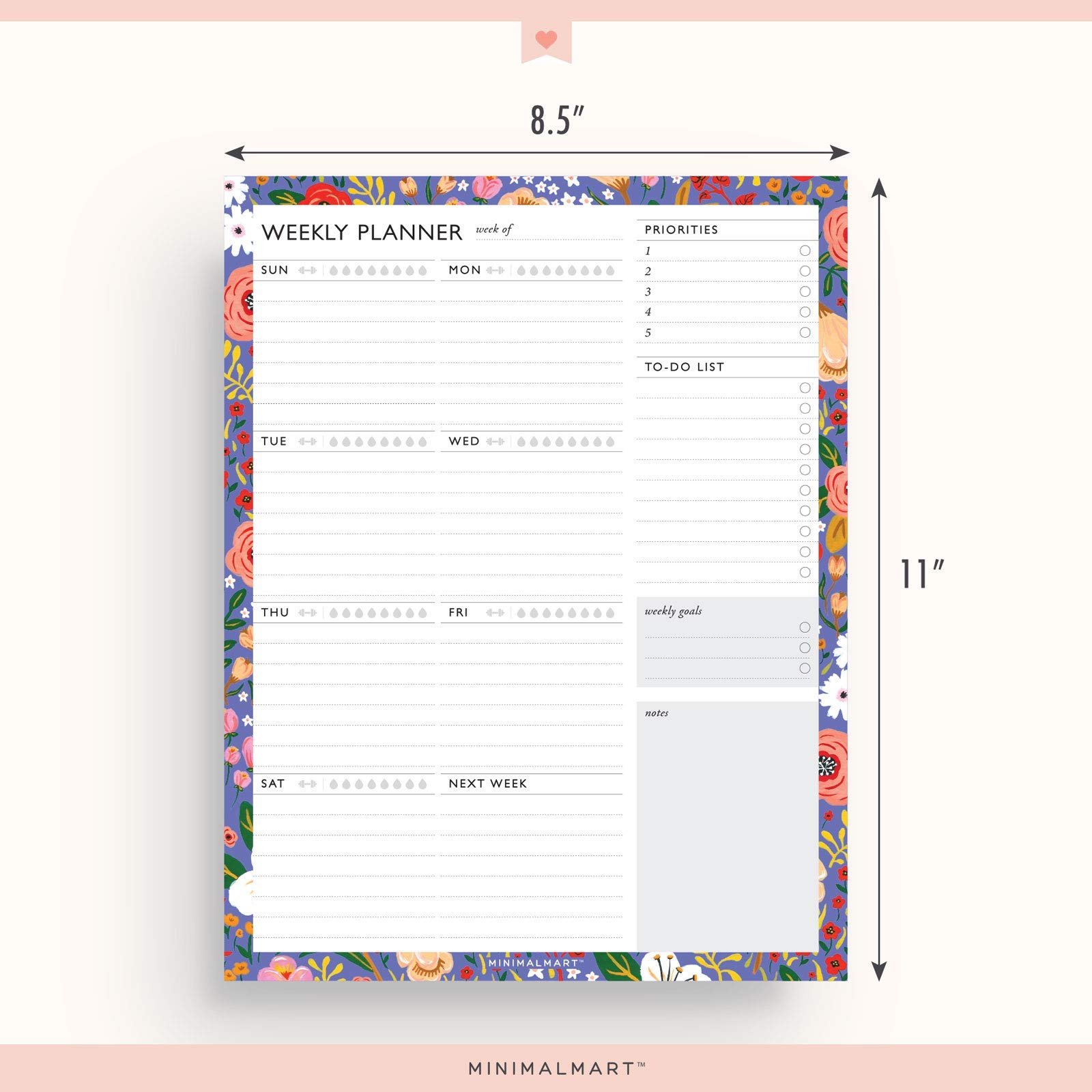 Minimalmart Weekly Planner with 52 Undated 8.5 x 11 Tear-Off Sheets, Floral Weekly Vibrant Calendar, Organizer, Scheduler, Productivity Tracker, Priority Task, Weekly Goal, to-do List