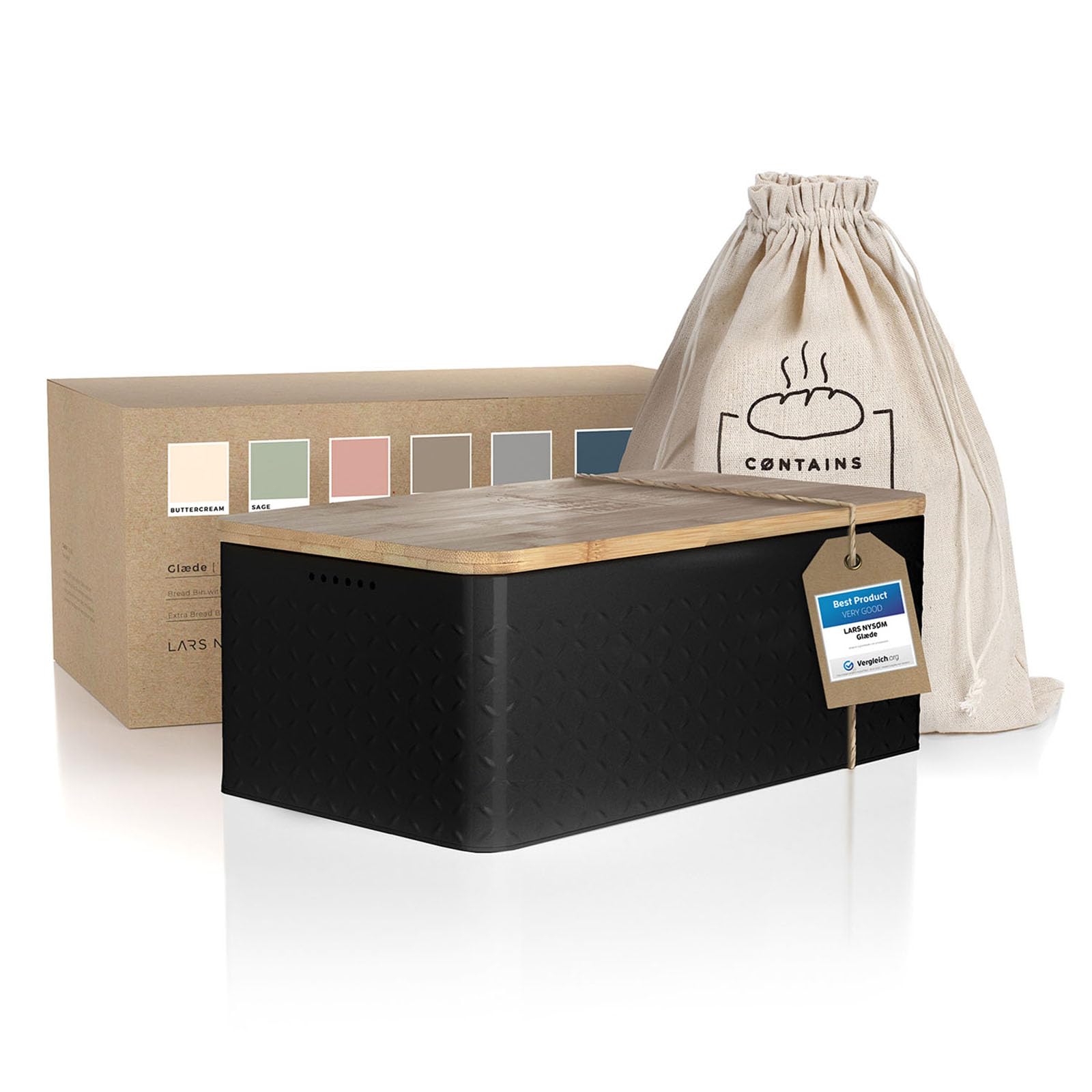 LARS NYSØM Bread Box I Metal bread box with linen bread bag for long lasting freshness I Bread box with bamboo lid usable as cutting board I 13.4x7.3x5.3In (Onyx Black)