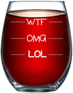 lol-omg-wtf funny wine glass for every mood, laugh out loud, oh my god, what the f, novelty present 15oz