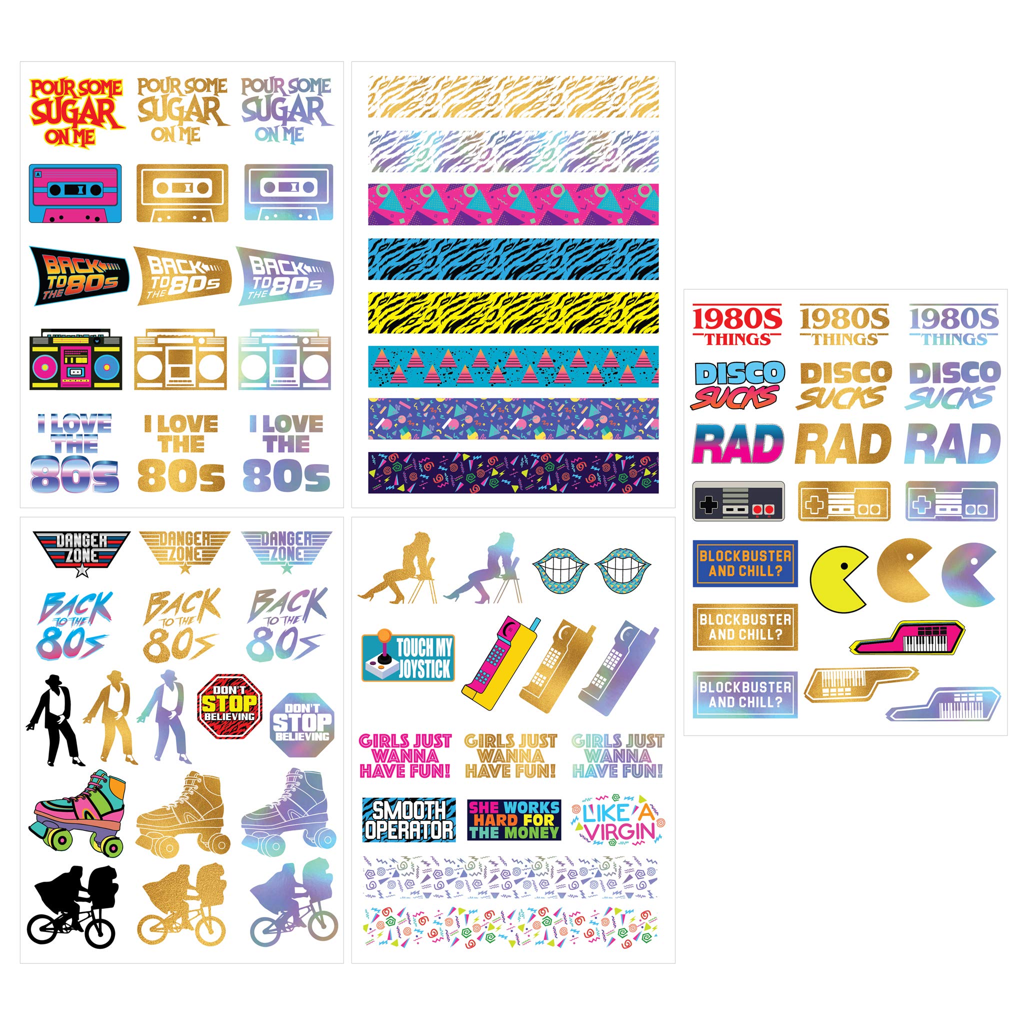 Retro 80s Theme Temporary Tattoos (5 Pages) - Funny 1980's Theme Party Decoration, Favors & Supplies multicolor