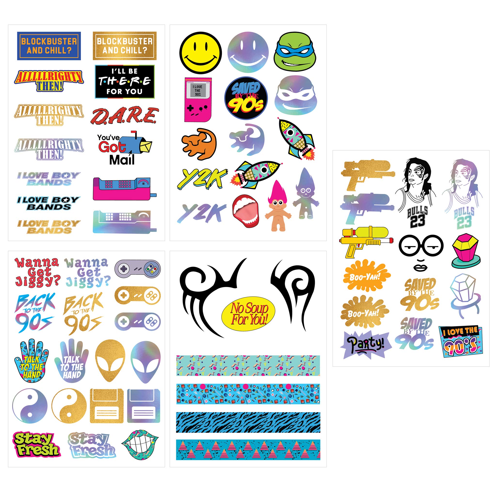 Throwback 90s Theme Temporary Tattoos (5 Pages) - Funny 1990's Theme Party Decoration, Favors & Supplies multicolor