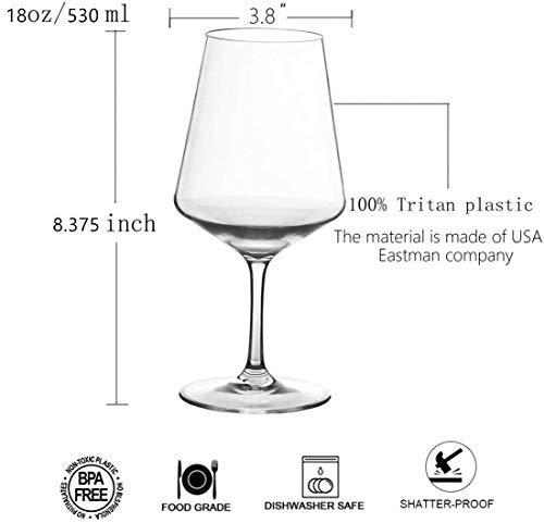 Unbreakable Wine Glasses-Acrylic Plastic Stem Wine Glasses, set of 6-All Purpose,Red or White Wine Glass,Dishwasher Safe,BPA Free (18-ounce)