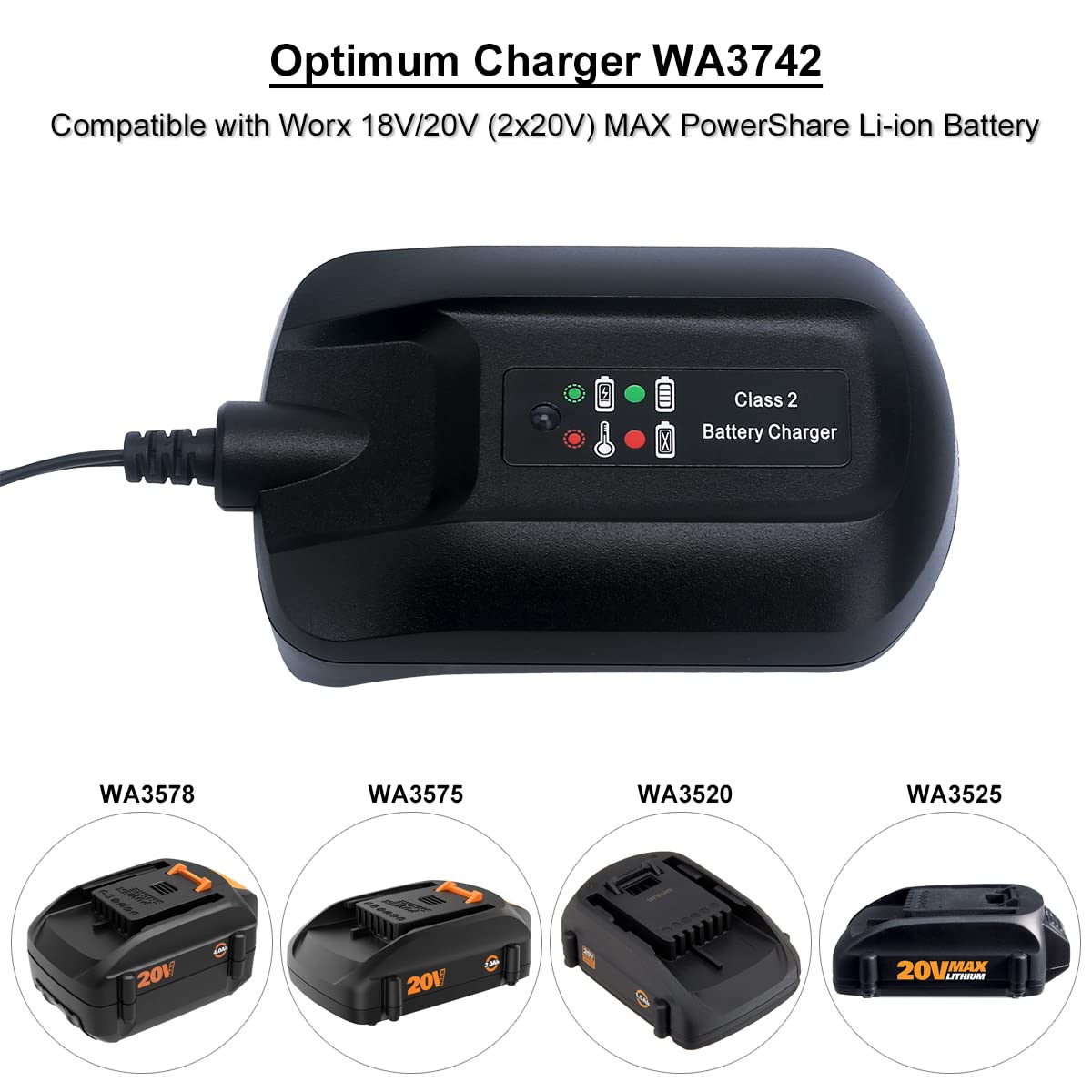 Biswaye WA3742 WA3732 20V Lithium Charger Compatible with Worx 18V/20V PowerShare Battery WA3525 WA3520 WA3512 WA3512.1 WA3575 WA3578