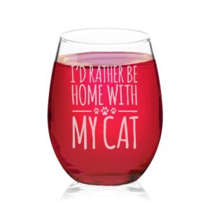 veracco i'd rather be home with my cat stemless wine glass funny birthday for cat mom crazy cat lady animal lover rescue mom (clear, glass)
