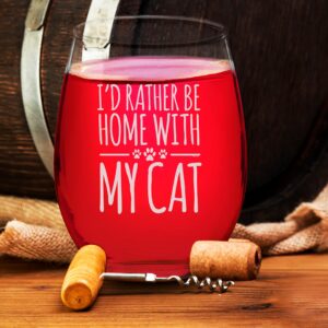 Veracco I'd Rather Be Home With My Cat Stemless Wine Glass Funny Birthday For Cat Mom Crazy Cat Lady Animal Lover Rescue Mom (Clear, Glass)