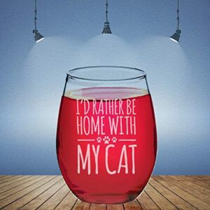 Veracco I'd Rather Be Home With My Cat Stemless Wine Glass Funny Birthday For Cat Mom Crazy Cat Lady Animal Lover Rescue Mom (Clear, Glass)